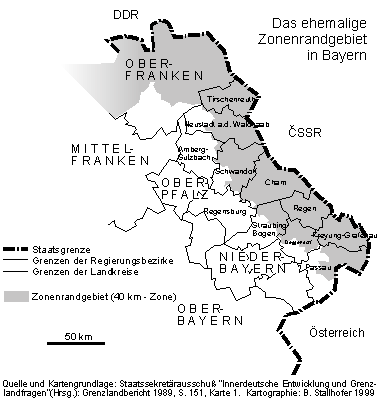 Übersichtskarte des ehemaligen Zonenrandgebietes in Bayern
